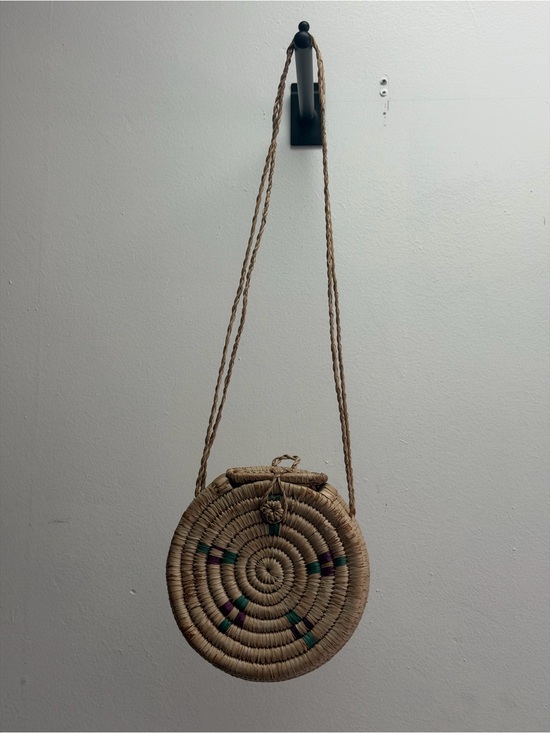 Handbags - Handwoven Round Straw Crossbody Bag in Natural with Green & Purple Accents